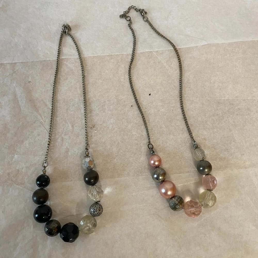 Set of 2 Pink Black Bead Necklaces